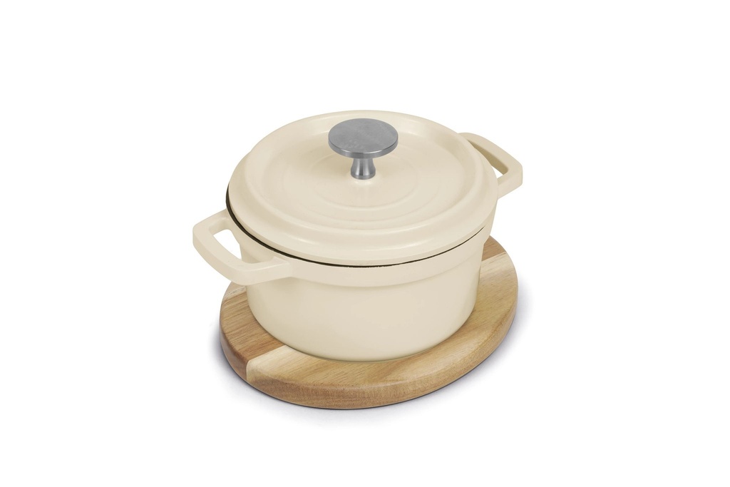 [P151300] Mini cazuela blanca con tapa con base de madera