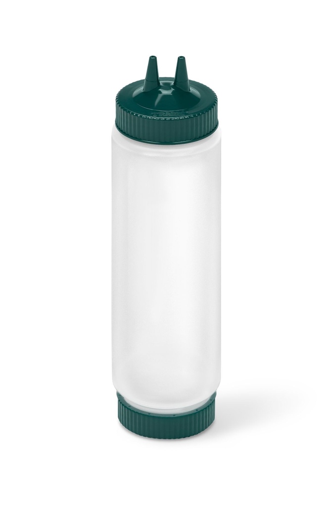 Dispensador transparente con boquilla doble FIFO de 710 ml con tapón y base verde