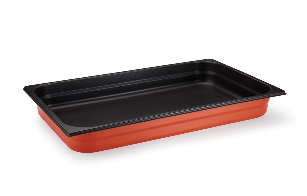 Cacerola de mesa de vapor de tamaño 1/1 gastronorm 65 milímetros de profundidad 18/10 de acero inoxidable de inducción-listo en naranja con recubrimiento antiadherente