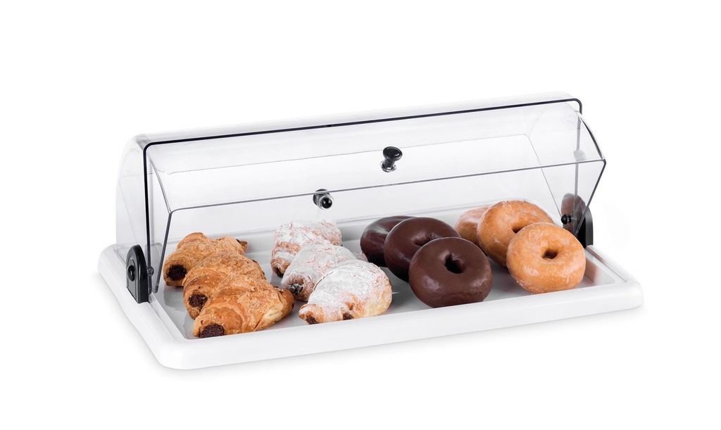 Vitrina rectangular de plástico de 50 ½ x 30 ½ con base blanca y tapa de rollo