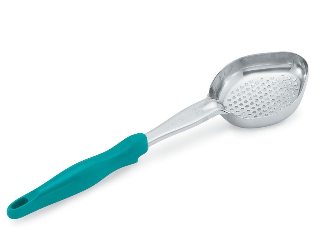 Spoodle® monobloc perforado ovalado de acero inoxidable de 177 ml con mango de nylon verde azulado