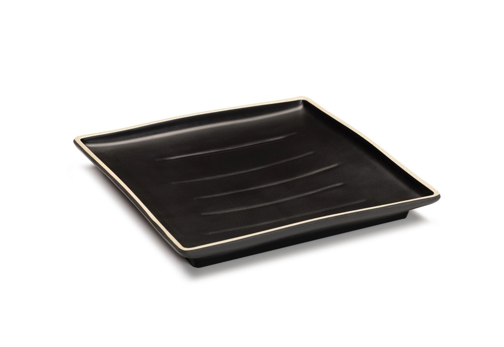 Bandeja cuadrada Terracota 25.5 centímetros de melamina en negro con borde bronceado