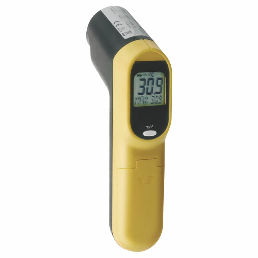Termómetro infrarrojos con mira laser en negro y amarillo