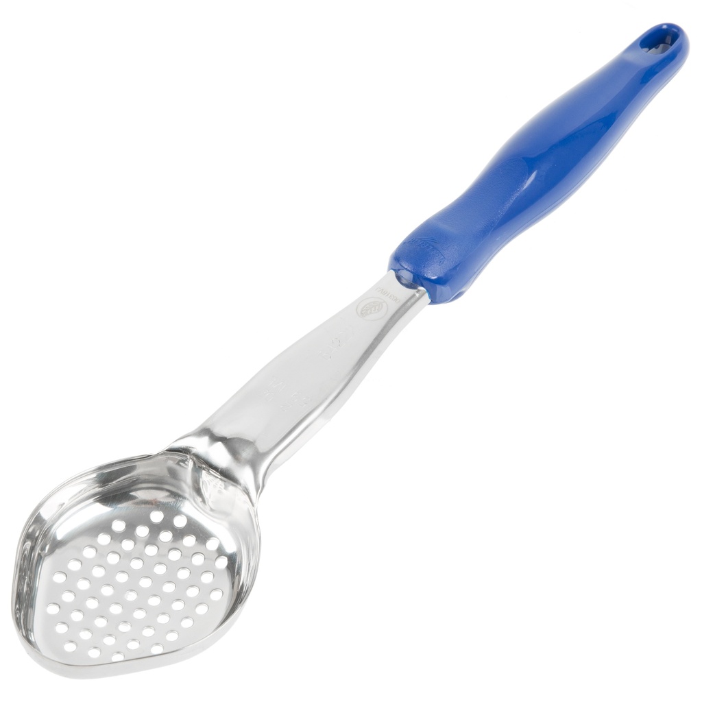 Spoodle® monobloc perforado ovalado de acero inoxidable de 59 ml con mango de nylon azul