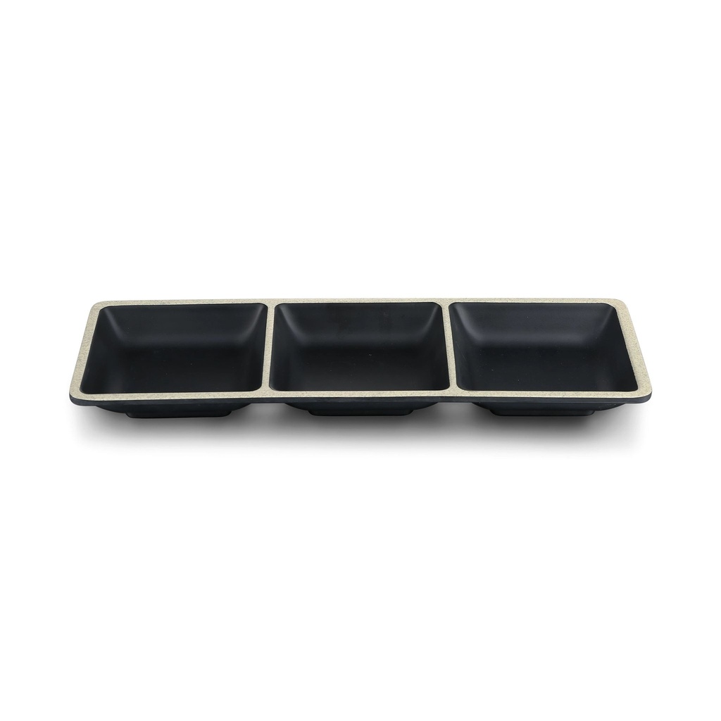 Bandeja rectangular de 3 compartimentos Terracotta 29.5 x 9.5 cm de melamina en negro con borde bronceado