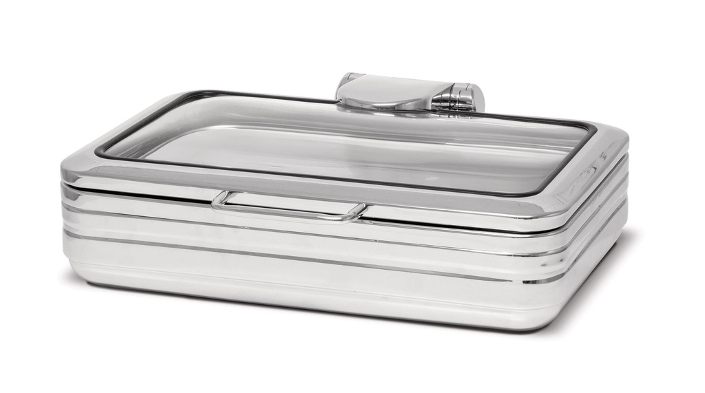 Chafing dish rectangular con tapa de cristal apto para inducción.