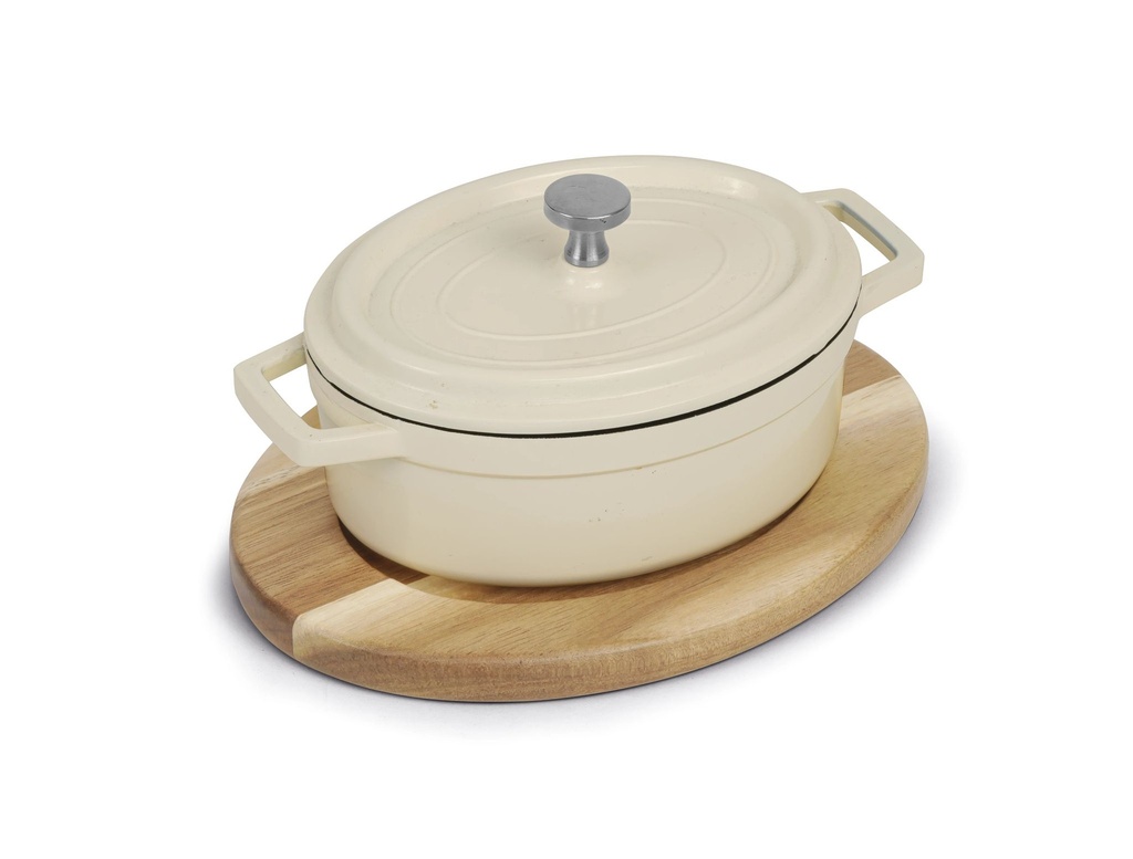[P151400] Mini cazuela ovalada blanca con tapa con base de madera