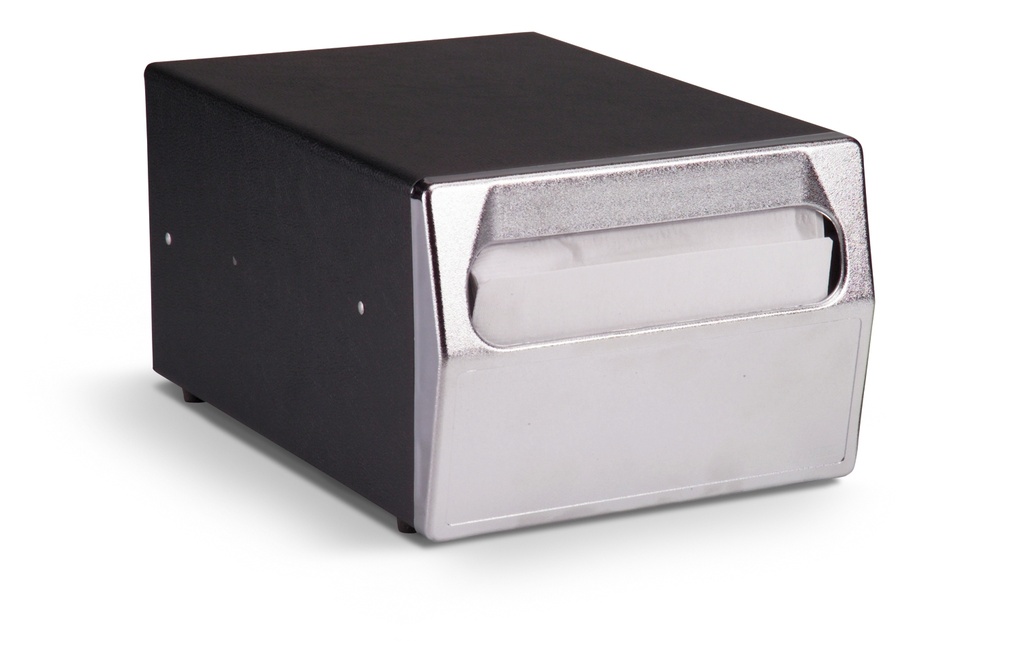 Dispensador de servilleta de encimera de un solo lado en negro con placa frontal cromada