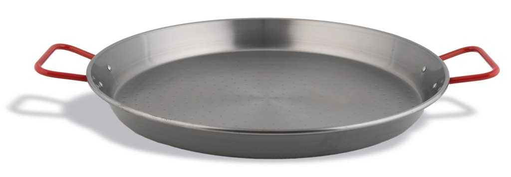Paellera valenciana en acero pulido de 22 cm con asas rojas