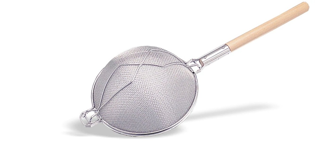 Colador reforzado de doble malla en acero inoxidable de 30 cm con mango de madera