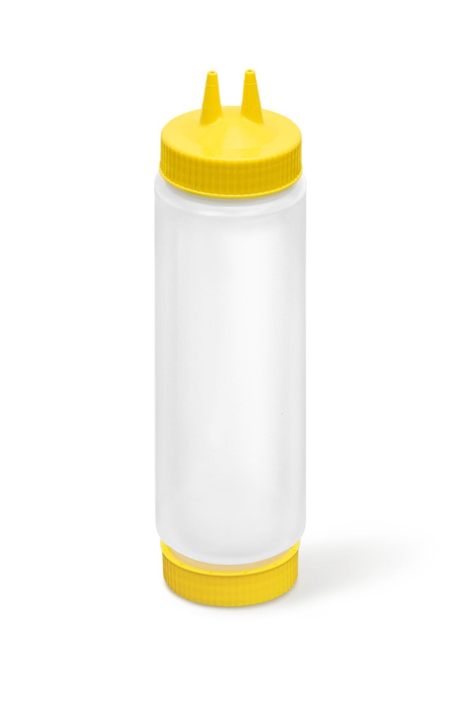 Dispensador transparente con boquilla doble FIFO de 710 ml con tapón y base amarilla