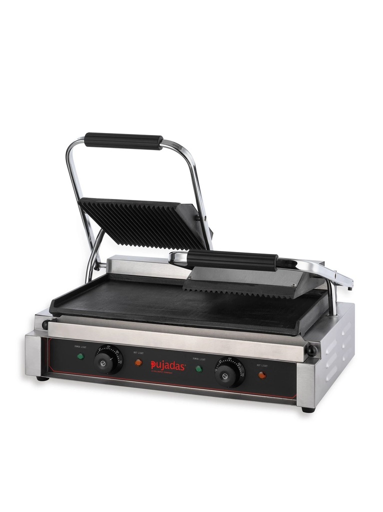 Grill de contacto “Duetto compact” de acero inoxidable 18/10 con placas acanaladas de hierro fundido