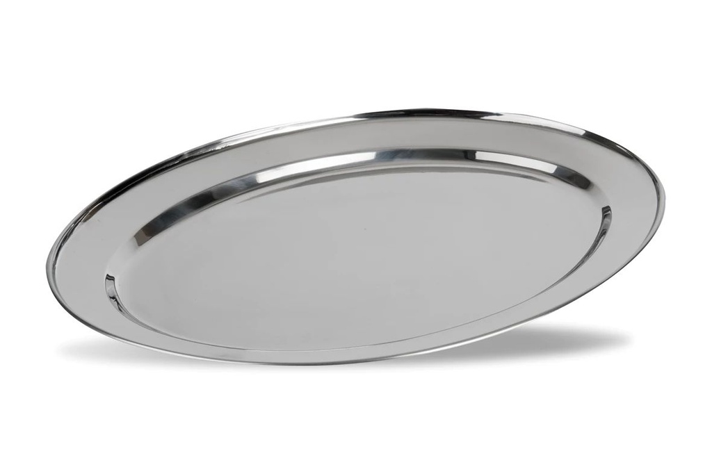 Bandeja de servicio ovalada económica de acero inoxidable de 30 x 21 cm con borde laminado en acabado espejo