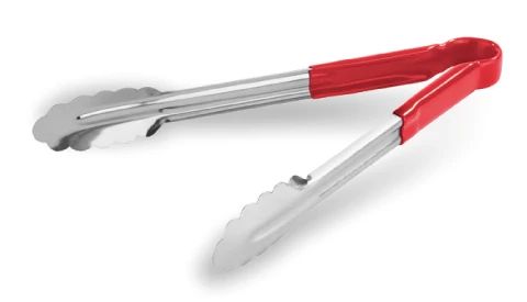 Pinzas festoneadas de acero inoxidable de 24 centímetros con mango de PVC rojo