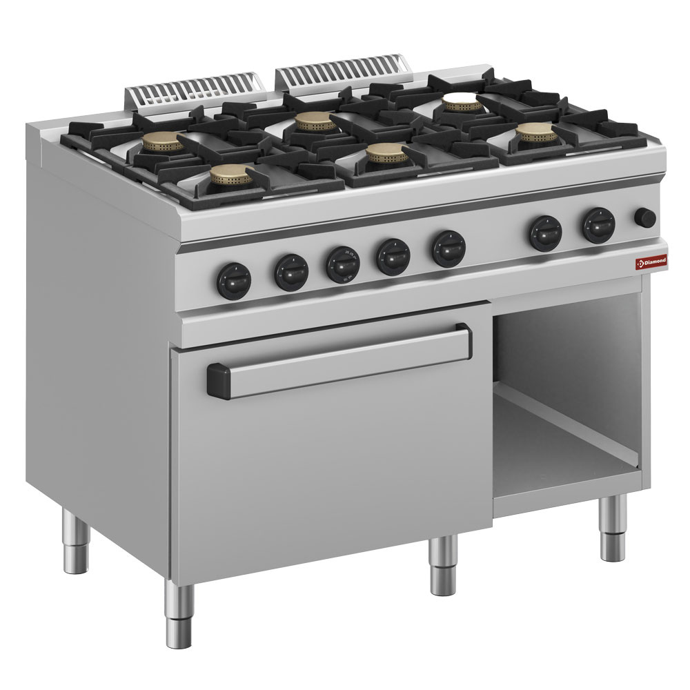 Estufa de gas 6 fuegos, sobre horno a gas GN 2/1 y armario