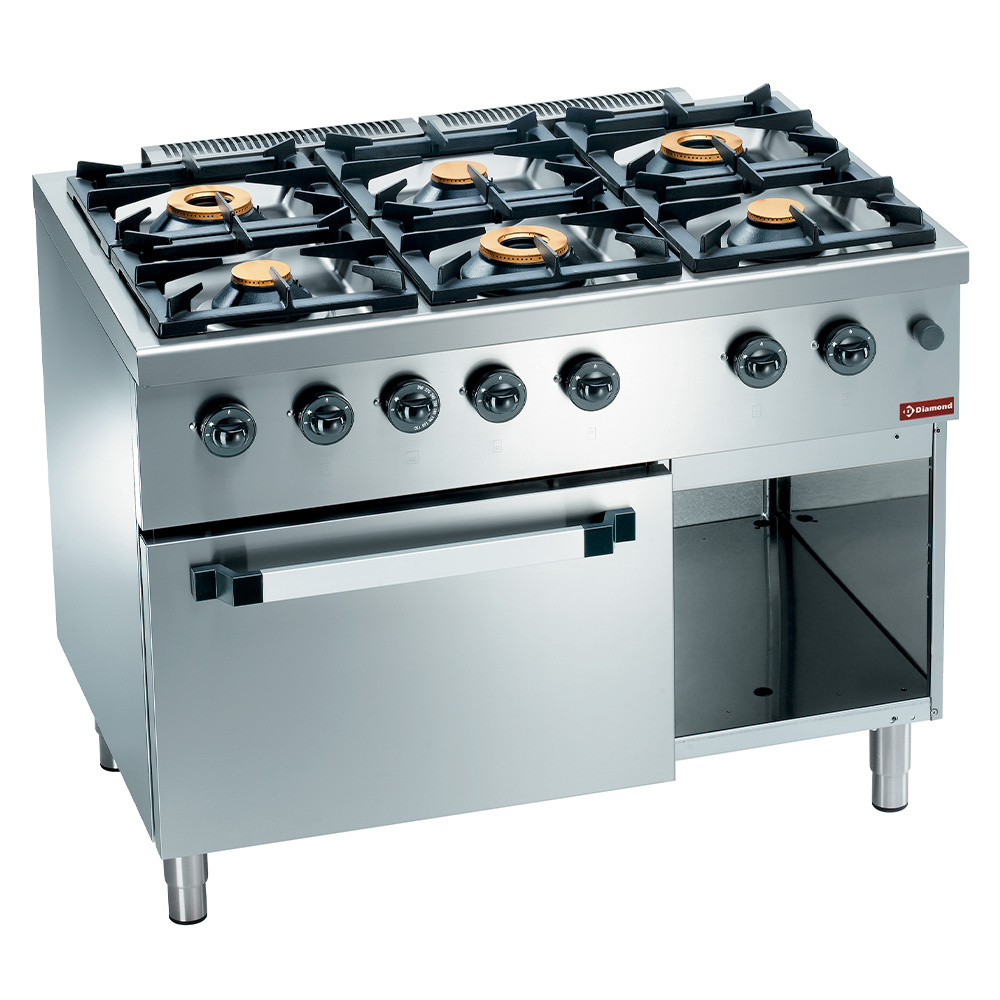 Estufa de gas 6 fuegos, sobre horno a gas GN 2/1 y armario