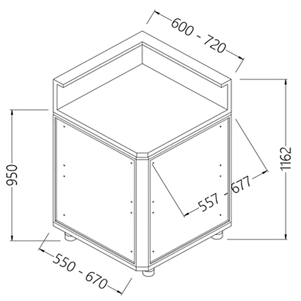 Mostrador de bar neutro con previsión con tablilla de servicio 90° (cerrado)