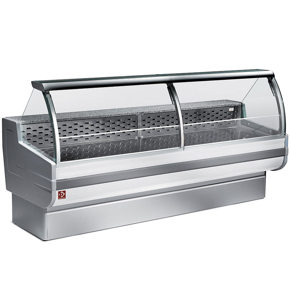 Mostrador refrigerado, vidrio curvo, ventilado, con reserva