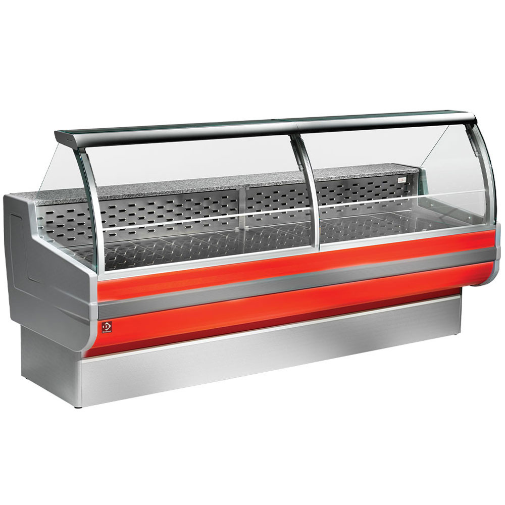 Mostrador refrigerado, vidrio curvo, ventilado, con reserva