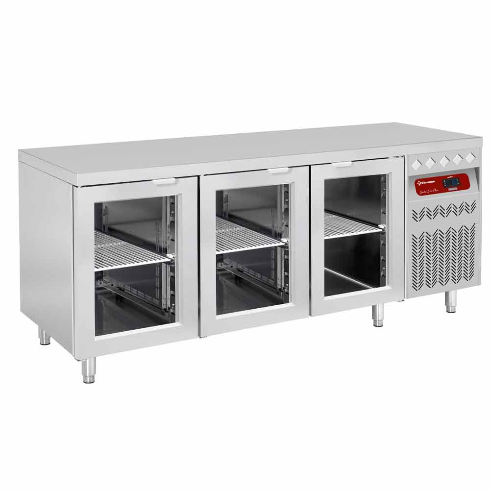 Mesa frigorífica ventilada, 3 puertas en vidrio GN 1/1, 405 Lit.