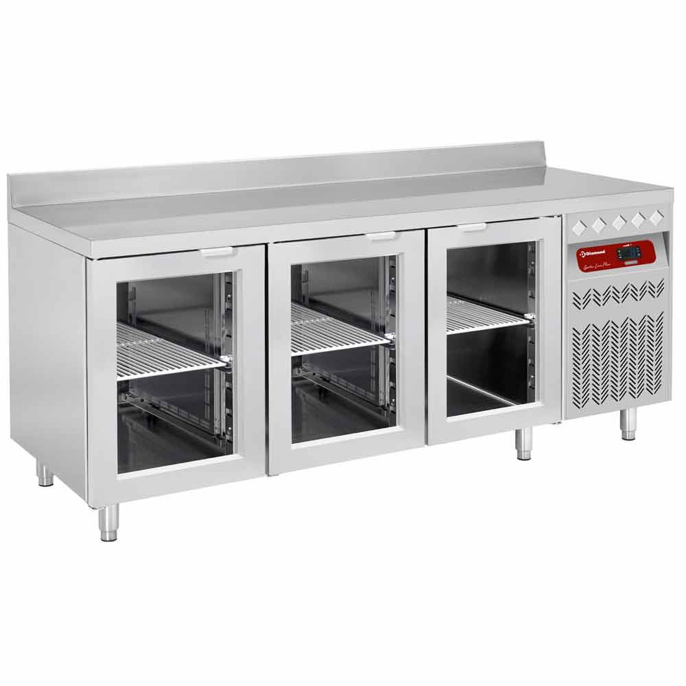 Mesa frigorífica "mural" ventilada, 3 puertas en vidrio GN 1/1, 405 litros