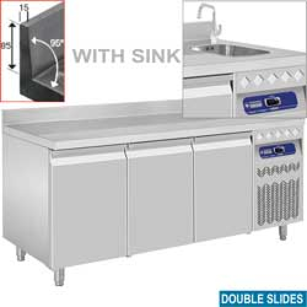 Mesa frigorífica "mural"  con fregadero, 3 puertas GN 1/1
