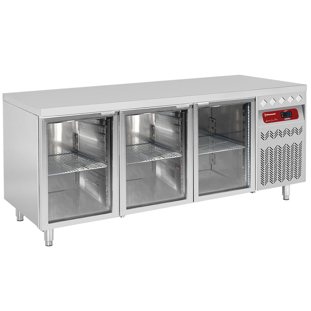 Mesa frigorífica ventilada, 3 puertas en vidrio GN 1/1, 405 Lit.