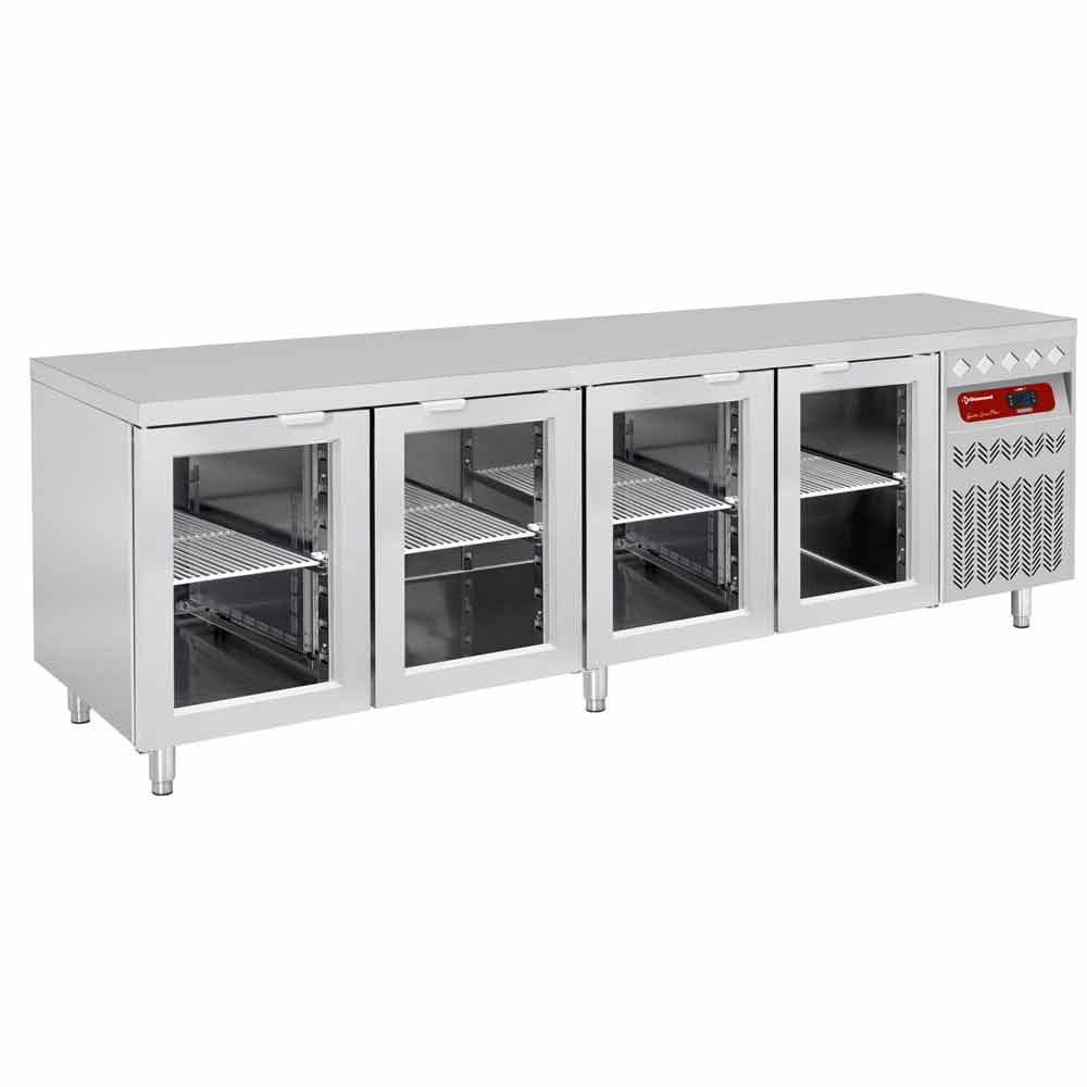 Mesa frigorífica ventilada, 4 puertas en vidrio GN 1/1, 550 Lit.