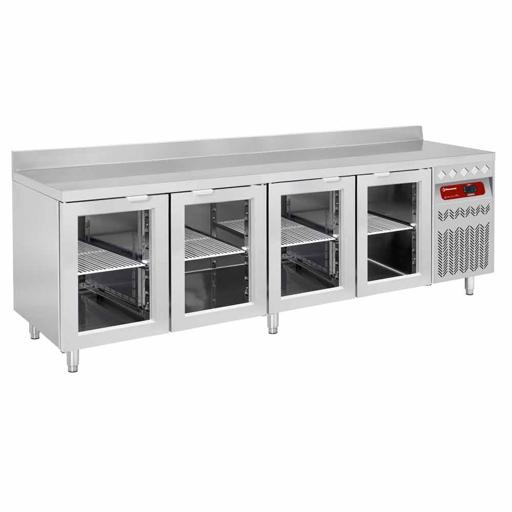 Mesa frigorífica "mural" ventilada, 4 puertas en vidrio GN 1/1, 550 litros