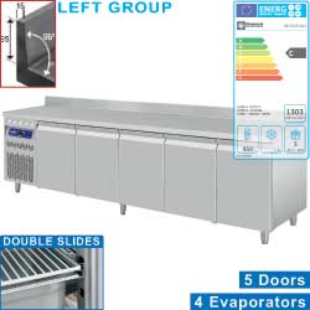 Mesa frigorífica "mural" ventilada, grupo a la izquierda, 5 puertas GN 1/1, 700 litros