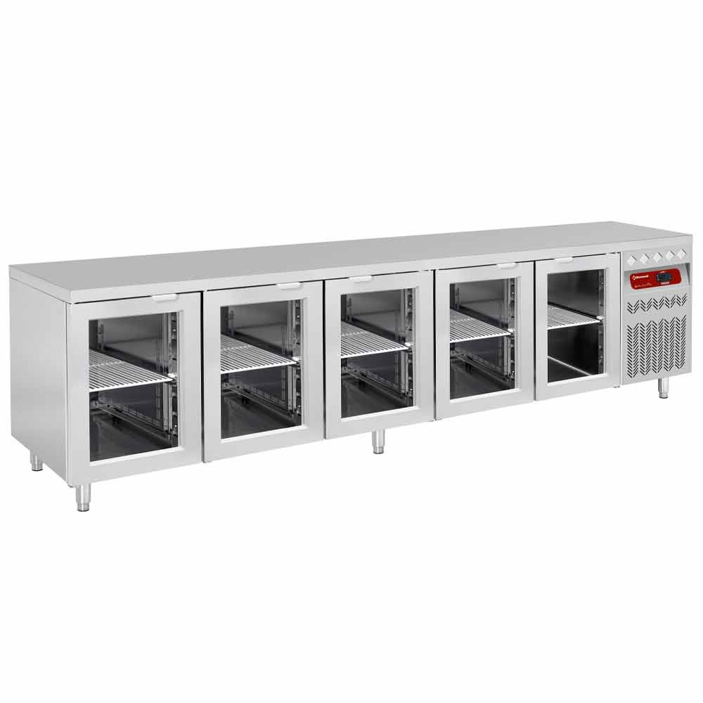Mesa frigorífica ventilada, 5 puertas en vidrio GN 1/1, 700 Lit.