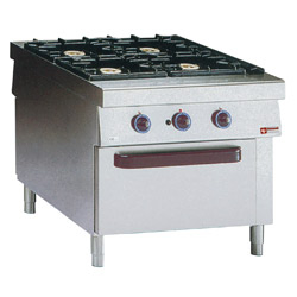 Cocina a gas con 4 fuegos vivos, horno de gas "traviesa central"