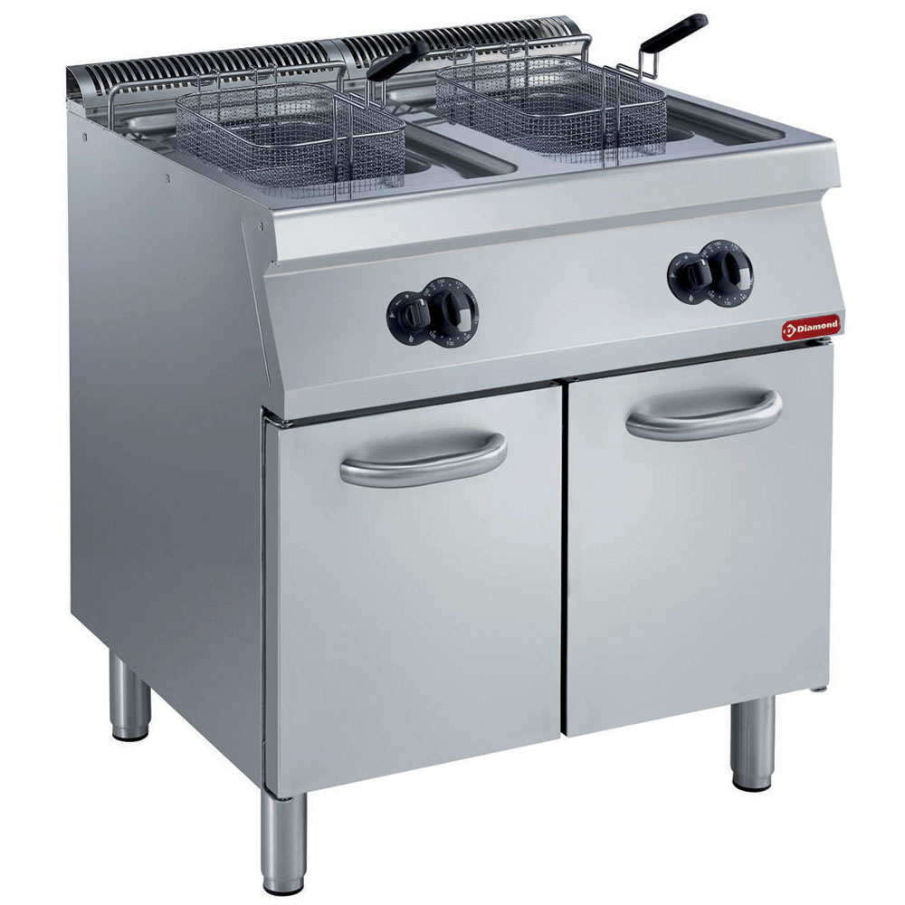 Freidora de gas con 2 cubas "Y" de 2x 15 litros, quemadores exteriores, sobre mueble