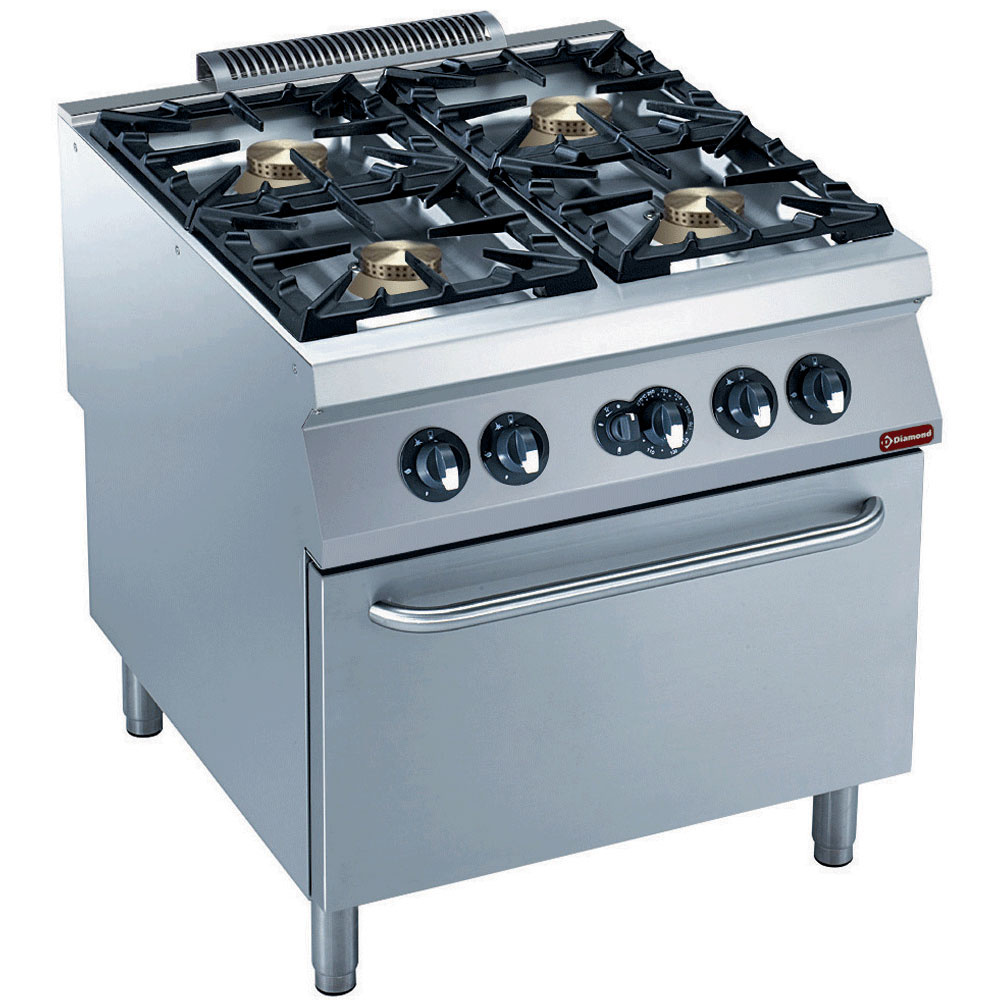 Cocina a gas de 4 fuegos vivos, horno a gas GN 2/1 "POWERFUL"