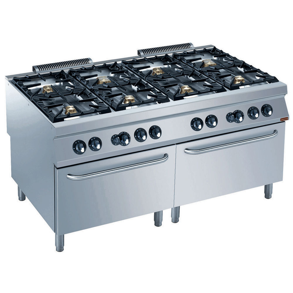 Cocina a gas de 8 fuegos vivos, 2 hornos a gas GN 2/1