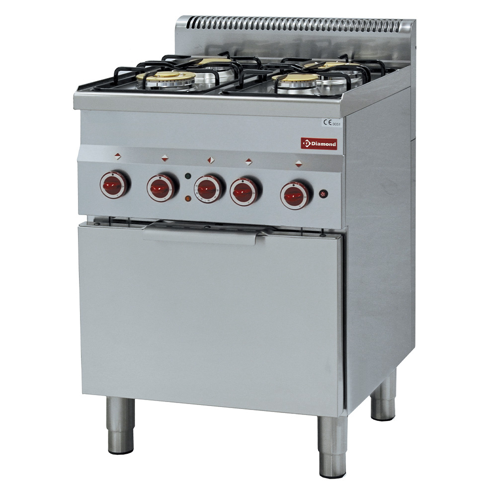 Cocina de gas con 4 fuegos y horno eléctrico a convección GN 2/3