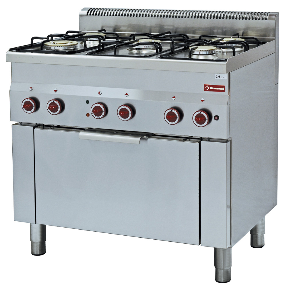 Cocina de gas con 5 fuegos y horno eléctrico a convección GN 1/1