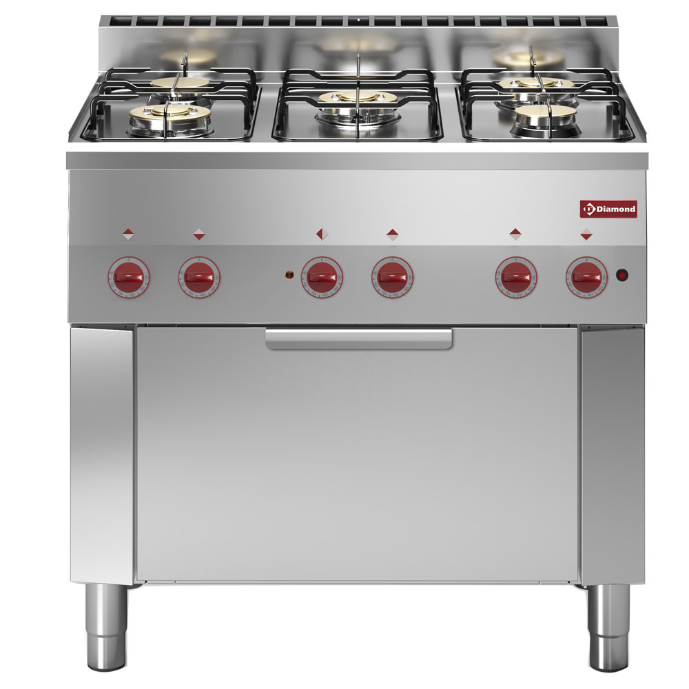 Cocina de gas con 5 fuegos y horno eléctrico a convección GN 1/1