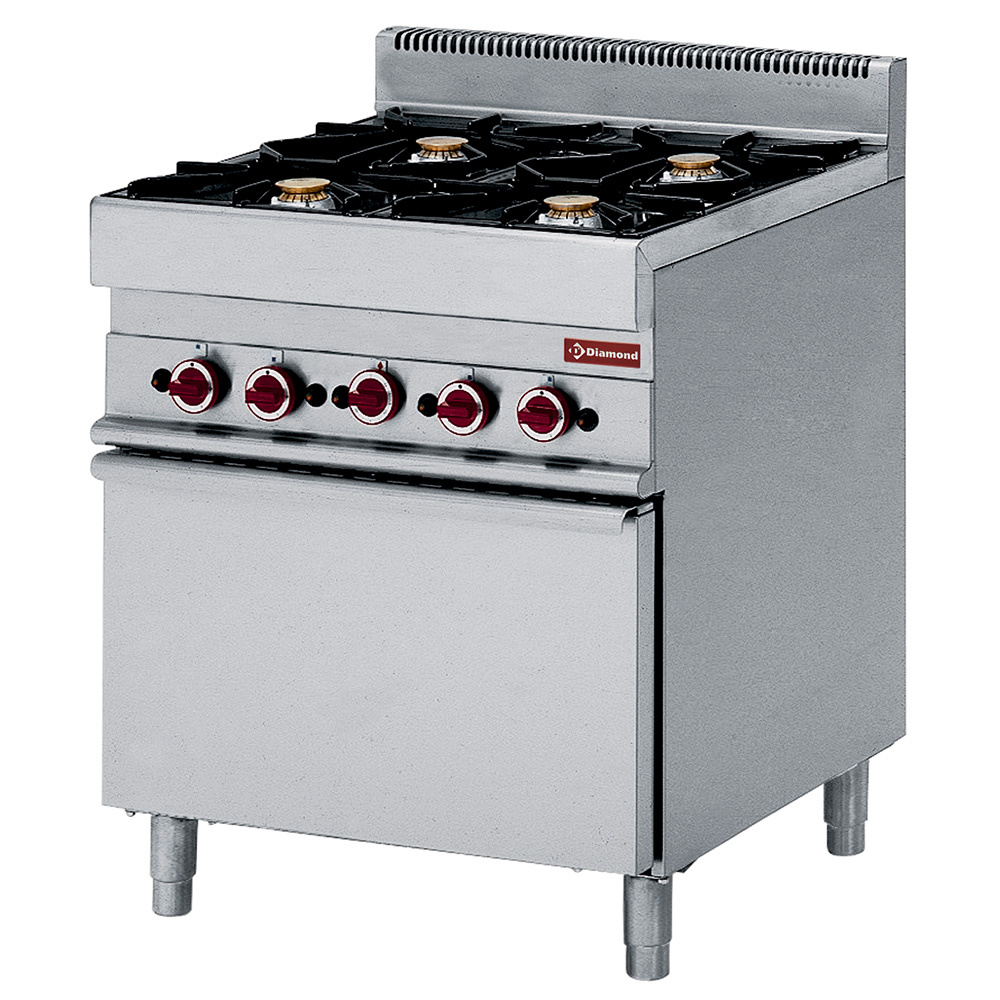 Cocina a gas con 4 fuegos vivos con horno eléctrico GN 1/1