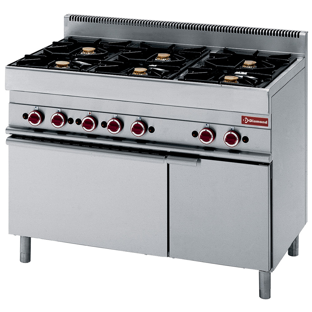 Cocina de 6 fuegos vivos, sobre horno a gas y armario neutro