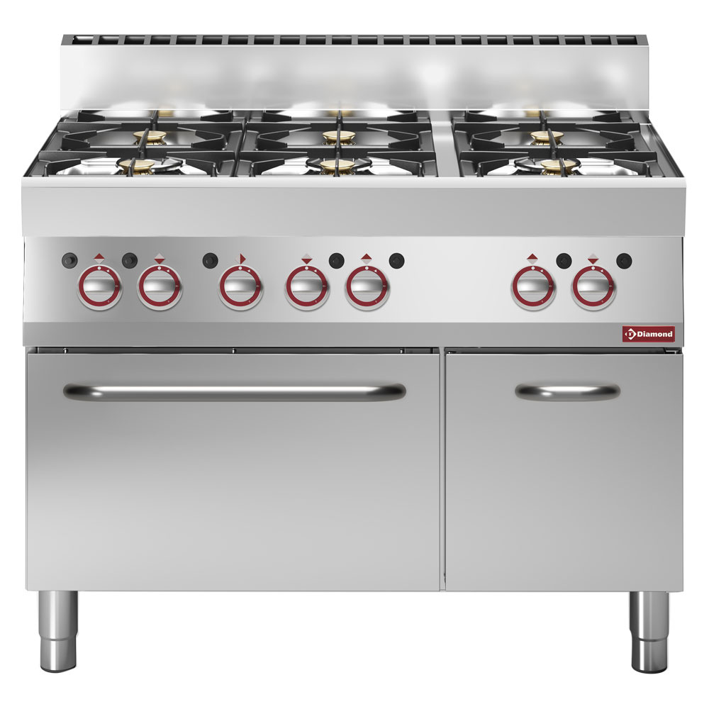 Cocina de 6 fuegos vivos, sobre horno a gas y armario neutro