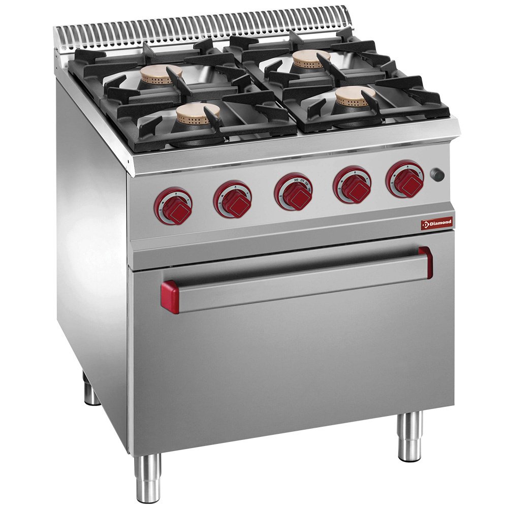 Hornilla de gas de 4 fuegos vivos, con horno de gas GN 2/1
