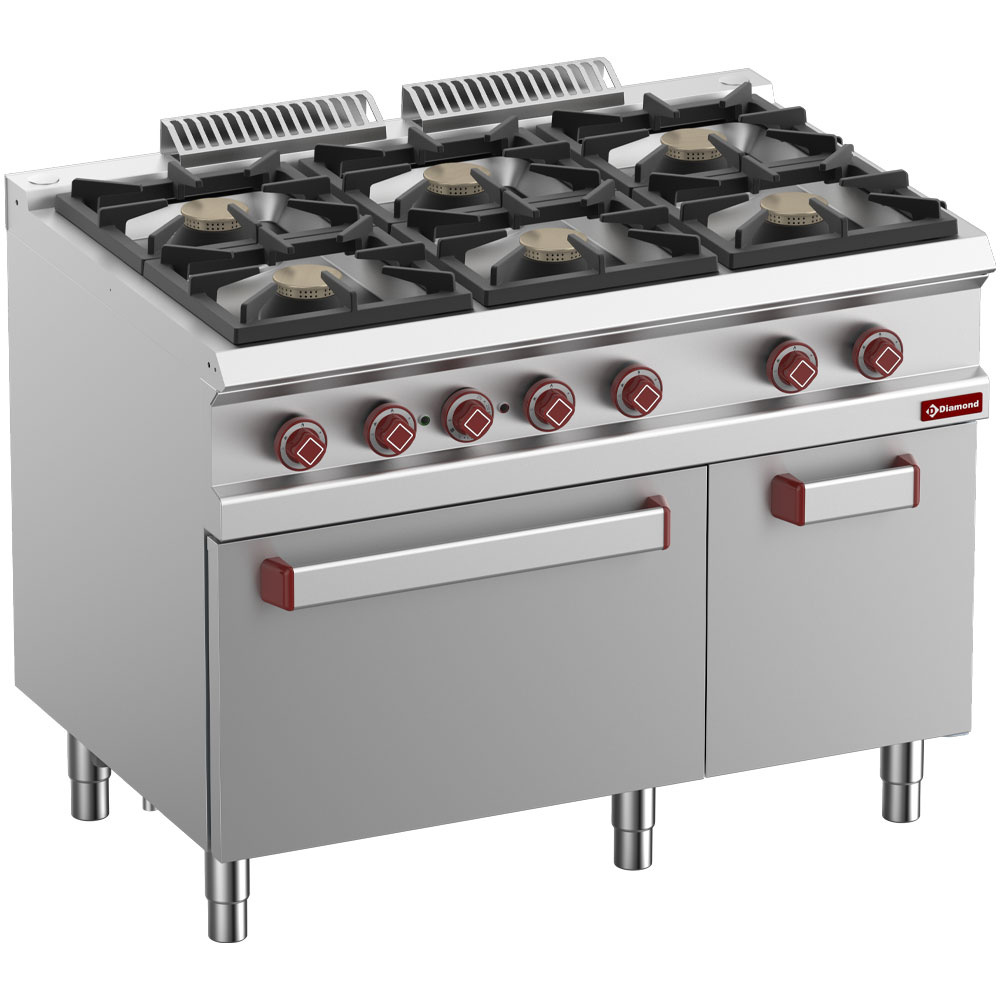 Cocina de gas de 6 fuegos, horno de convección eléctrico GN 1/1, armario neutro