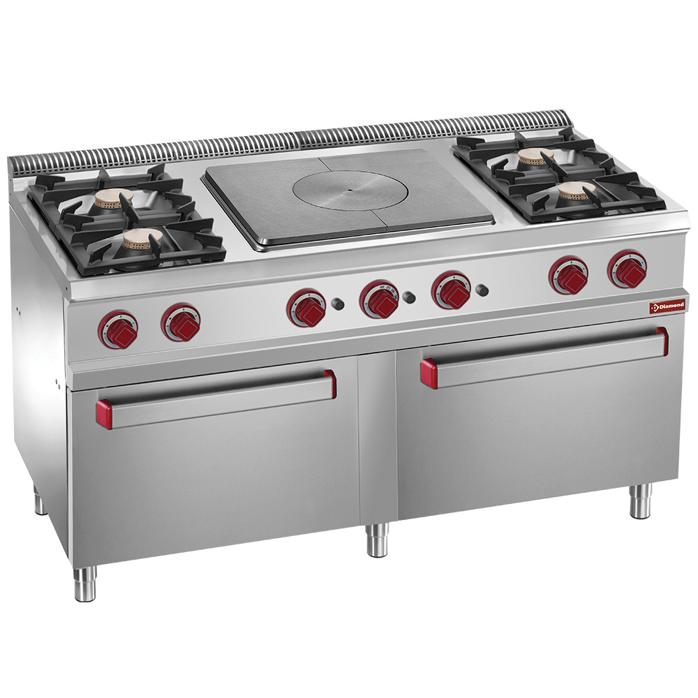 Hornilla de gas con 4 fuegos, plancha incandesc. sobre 2 hornos de gas GN 2/1