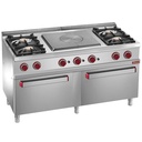 Hornilla de gas con 4 fuegos, plancha incandesc. sobre 2 hornos de gas GN 2/1