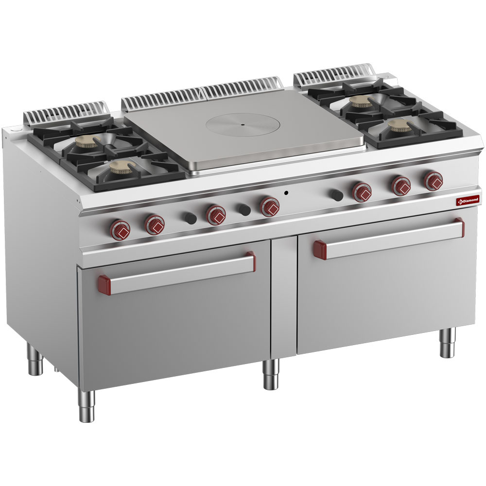 Hornilla de gas con 4 fuegos, plancha incandesc. sobre 2 hornos de gas GN 2/1