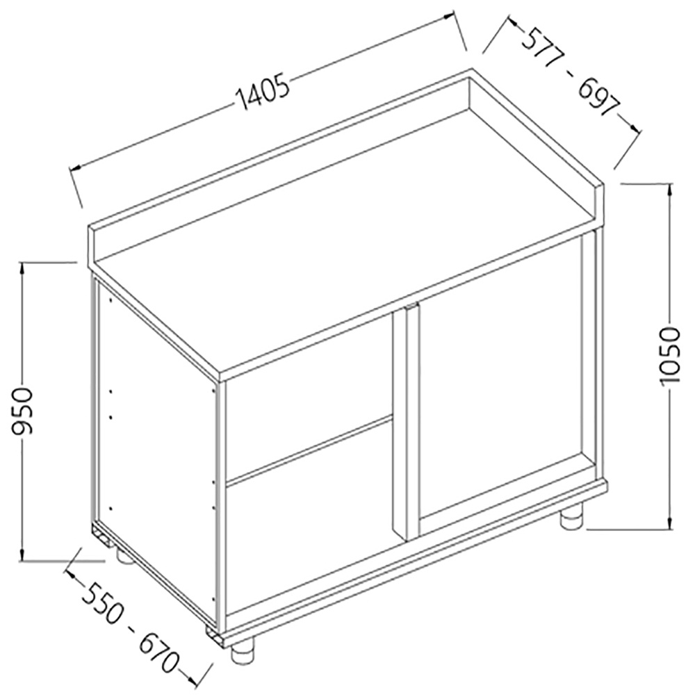 Mueble angular trasero, neutro a la derecha, con estante de servicio