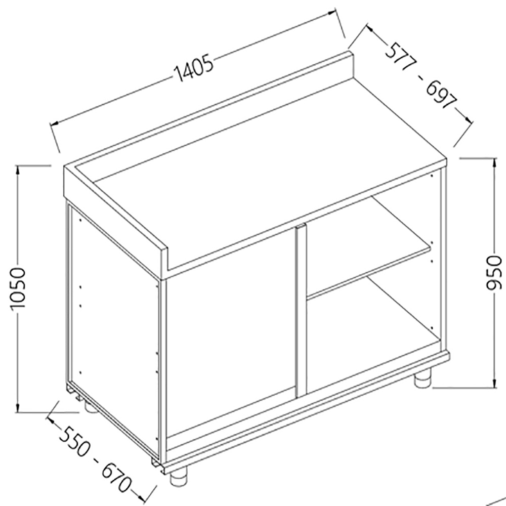 Mueble angular trasero neutro a la izquierda, con estante de servicio