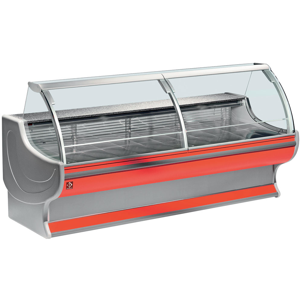 Mostrador vitrina refrigerado vidrio curvo con reserva