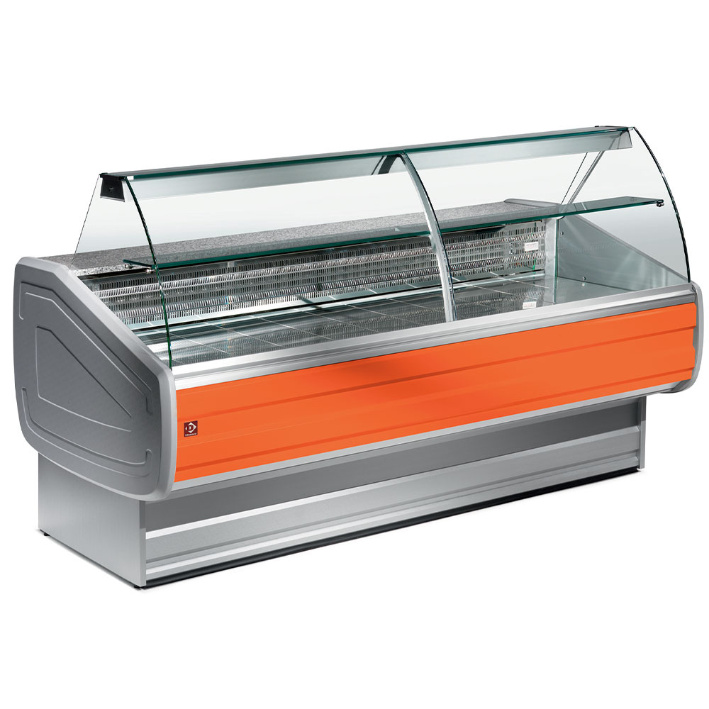 Mostrador vitrina refrigerada vidrio curvo, ventilado, con reserva
